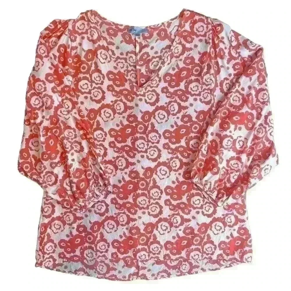 IsleField 100% Silk Blouse Floral Size XL V-Neck Red Cream 3/4 Sleeves